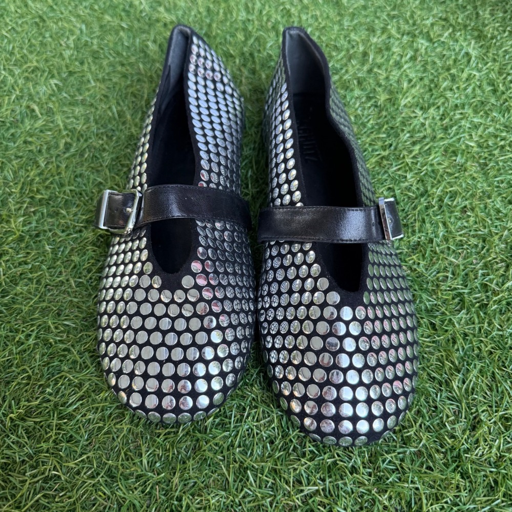 SCHUTZ Black Metallic Studded Mary Jane Flats with Buckle